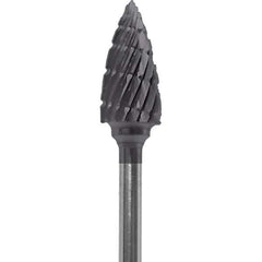 Made in USA - 1/4" Cut Diam, 0.0925" Shank Diam, Tree Head Double Cut Burr - Carbide, 1/2" LOC, 2" OAL - USA Tool & Supply