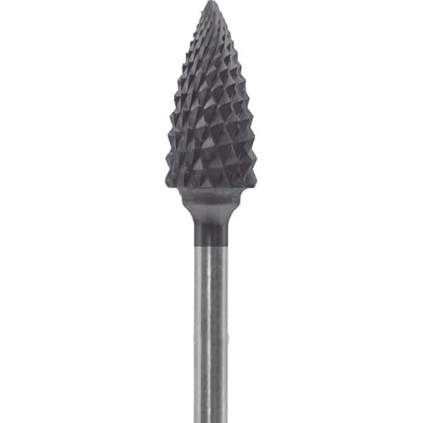 Made in USA - 1/4" Cut Diam, 0.0925" Shank Diam, Tree Head Diamond Cut Burr - Carbide, 1/2" LOC, 2" OAL - USA Tool & Supply