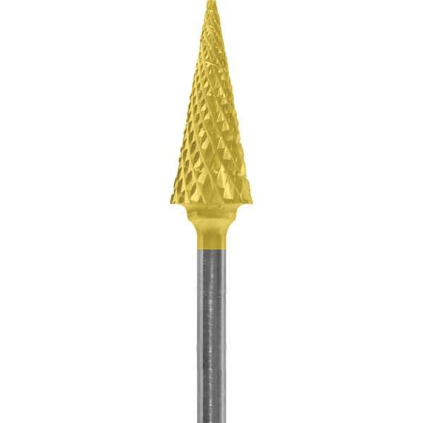 Made in USA - 1/4" Cut Diam, 0.0925" Shank Diam, Cone Head Diamond Cut Burr - Carbide, 5/8" LOC, 2" OAL - USA Tool & Supply