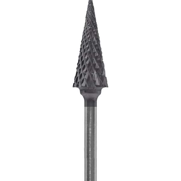 Made in USA - 1/4" Cut Diam, 0.0925" Shank Diam, Cone Head Diamond Cut Burr - Carbide, 5/8" LOC, 2" OAL - USA Tool & Supply