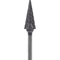 Made in USA - 1/4" Cut Diam, 0.0925" Shank Diam, Cone Head Diamond Cut Burr - Carbide, 5/8" LOC, 2" OAL - USA Tool & Supply