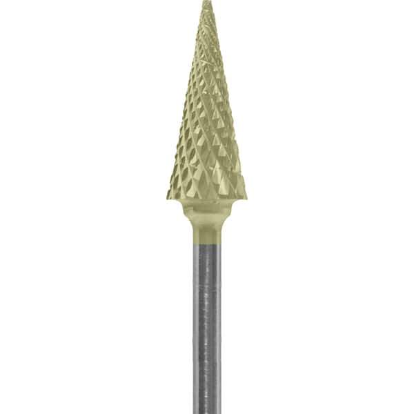 Made in USA - 1/4" Cut Diam, 0.0925" Shank Diam, Cone Head Diamond Cut Burr - Carbide, 5/8" LOC, 2" OAL - USA Tool & Supply