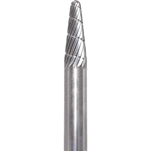 Made in USA - 1/4" Cut Diam, 1/4" Shank Diam, Cone Head Fastmill Cut Burr - Carbide, 5/8" LOC, 2" OAL - USA Tool & Supply