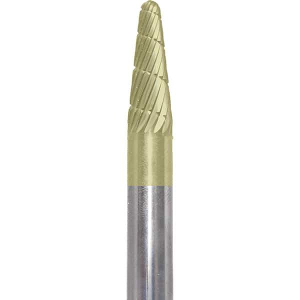 Made in USA - 1/4" Cut Diam, 1/4" Shank Diam, Cone Head Chipbreaker Cut Burr - Carbide, 5/8" LOC, 2" OAL - USA Tool & Supply
