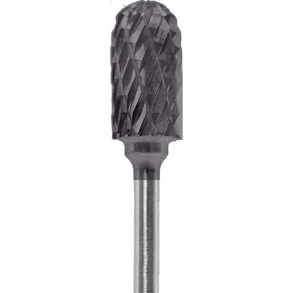 Made in USA - 1/4" Cut Diam, 0.0925" Shank Diam, Cylinder with Radius Head Diamond Cut Burr - Carbide, 1/2" LOC, 2" OAL - USA Tool & Supply