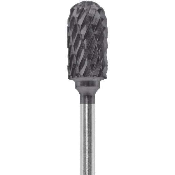 Made in USA - 1/4" Cut Diam, 0.0925" Shank Diam, Cylinder with Radius Head Double Cut Burr - Carbide, 1/2" LOC, 2" OAL - USA Tool & Supply
