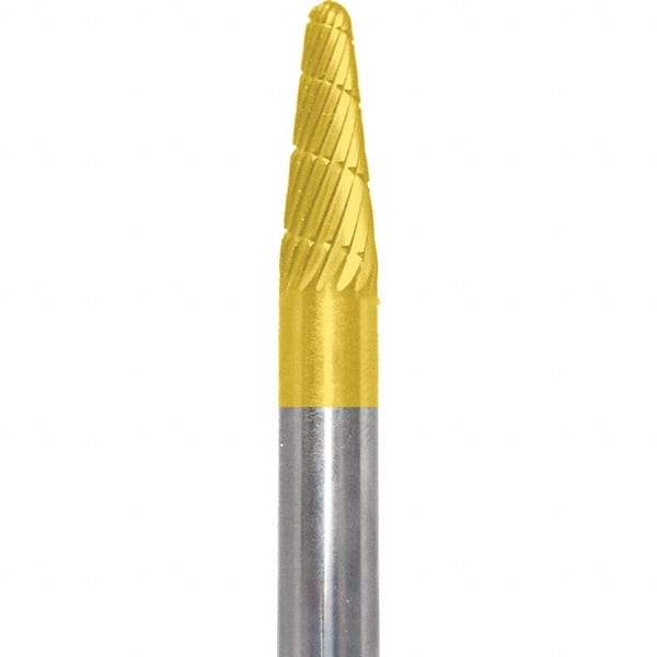 Made in USA - 1/4" Cut Diam, 1/4" Shank Diam, Cone Head Double Cut Burr - Carbide, 5/8" LOC, 2" OAL - USA Tool & Supply