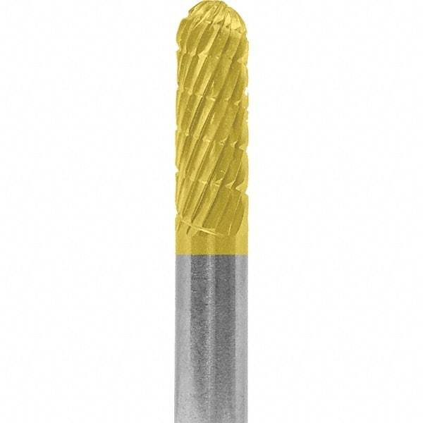 Made in USA - 1/4" Cut Diam, 1/4" Shank Diam, Cylinder with Radius Head Double Cut Burr - Carbide, 5/8" LOC, 2" OAL - USA Tool & Supply