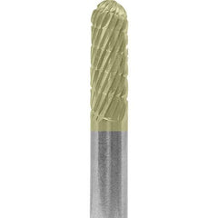 Made in USA - 1/4" Cut Diam, 1/4" Shank Diam, Cylinder with Radius Head Double Cut Burr - Carbide, 5/8" LOC, 2" OAL - USA Tool & Supply