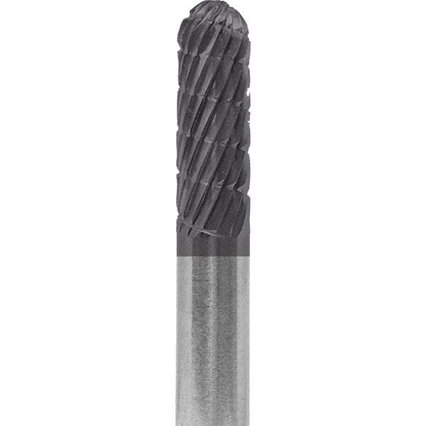 Made in USA - 6mm Cut Diam, 0.2362" Shank Diam, Cylinder with Radius Head Double Cut Burr - Carbide, 16mm LOC, 50mm OAL - USA Tool & Supply