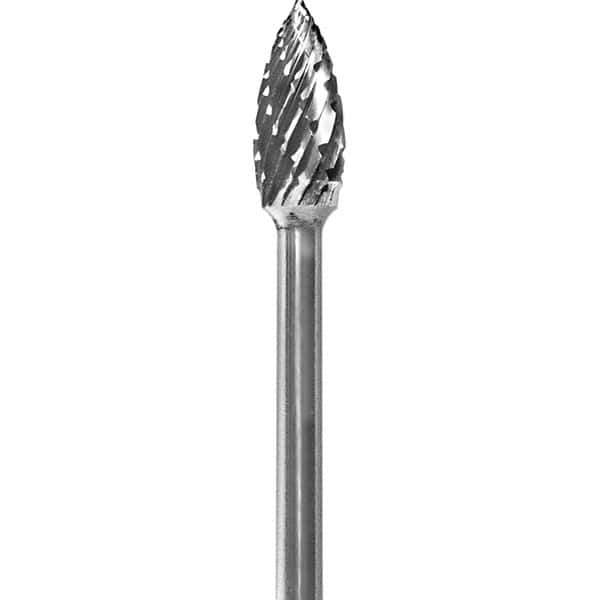 Made in USA - 3/16" Cut Diam, 0.0925" Shank Diam, Flame Head Double Cut Burr - Carbide, 3/8" LOC, 1-7/8" OAL - USA Tool & Supply