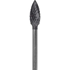 Made in USA - 3/16" Cut Diam, 0.0925" Shank Diam, Flame Head Diamond Cut Burr - Carbide, 3/8" LOC, 1-7/8" OAL - USA Tool & Supply