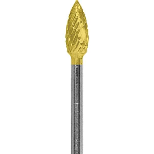 Made in USA - 3/16" Cut Diam, 0.0925" Shank Diam, Flame Head Diamond Cut Burr - Carbide, 3/8" LOC, 1-7/8" OAL - USA Tool & Supply