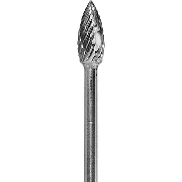 Made in USA - 3/16" Cut Diam, 0.0925" Shank Diam, Flame Head Diamond Cut Burr - Carbide, 3/8" LOC, 1-7/8" OAL - USA Tool & Supply