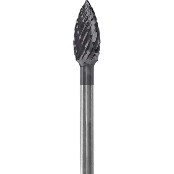 Made in USA - 3/16" Cut Diam, 0.0925" Shank Diam, Flame Head Double Cut Burr - Carbide, 3/8" LOC, 1-7/8" OAL - USA Tool & Supply