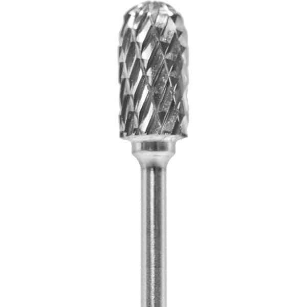 Made in USA - 1/4" Cut Diam, 0.0925" Shank Diam, Cylinder with Radius Head Double Cut Burr - Carbide, 1/2" LOC, 2" OAL - USA Tool & Supply