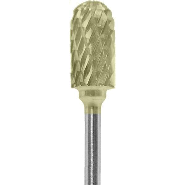 Made in USA - 1/4" Cut Diam, 0.0925" Shank Diam, Cylinder with Radius Head Diamond Cut Burr - Carbide, 1/2" LOC, 2" OAL - USA Tool & Supply
