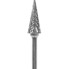 Made in USA - 1/4" Cut Diam, 0.0925" Shank Diam, Cone Head Diamond Cut Burr - Carbide, 5/8" LOC, 2" OAL - USA Tool & Supply