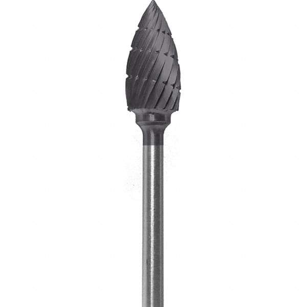 Made in USA - 1/4" Cut Diam, 0.0925" Shank Diam, Flame Head Chipbreaker Cut Burr - Carbide, 1/2" LOC, 2" OAL - USA Tool & Supply