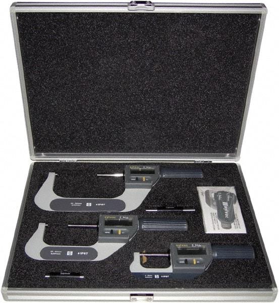 Fowler - 0 to 4" Range, 0.001mm Resolution, IP67, 3 Piece Electronic Outside Micrometer Sets - 0.005mm Accuracy, Ratchet Thimble, Carbide Measuring Face - USA Tool & Supply