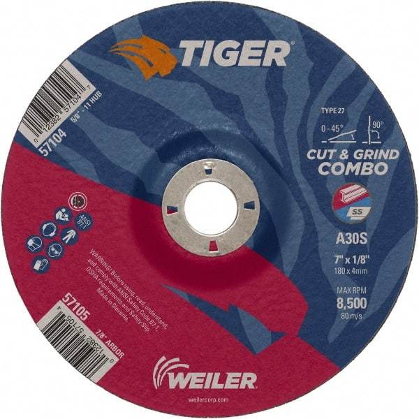 Weiler - 30 Grit, 7" Wheel Diam, 1/8" Wheel Thickness, 7/8" Arbor Hole, Type 27 Depressed Center Wheel - Medium Grade, Aluminum Oxide, Resinoid Bond, S Hardness, 8,500 Max RPM - USA Tool & Supply