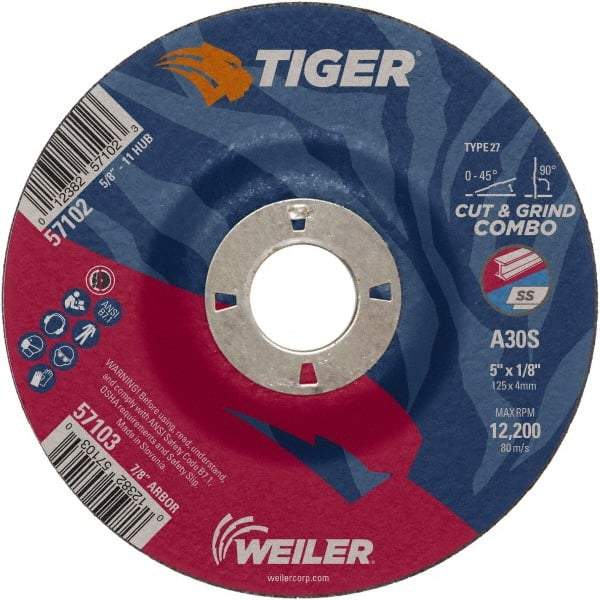 Weiler - 30 Grit, 5" Wheel Diam, 1/8" Wheel Thickness, 7/8" Arbor Hole, Type 27 Depressed Center Wheel - Medium Grade, Aluminum Oxide, Resinoid Bond, S Hardness, 12,200 Max RPM - USA Tool & Supply