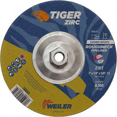 Weiler - 30 Grit, 7" Wheel Diam, 1/8" Wheel Thickness, Type 27 Depressed Center Wheel - Medium Grade, Zirconia Alumina, Resinoid Bond, T Hardness, 8,500 Max RPM - USA Tool & Supply