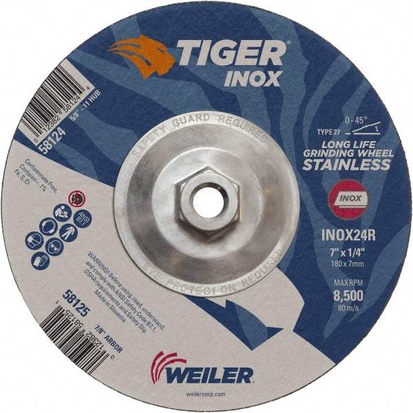 Weiler - 24 Grit, 7" Wheel Diam, 1/4" Wheel Thickness, Type 27 Depressed Center Wheel - Coarse Grade, Aluminum Oxide, Resinoid Bond, R Hardness, 8,500 Max RPM - USA Tool & Supply
