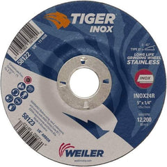Weiler - 24 Grit, 5" Wheel Diam, 1/4" Wheel Thickness, 7/8" Arbor Hole, Type 27 Depressed Center Wheel - Coarse Grade, Aluminum Oxide, Resinoid Bond, R Hardness, 12,200 Max RPM - USA Tool & Supply