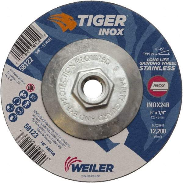 Weiler - 24 Grit, 5" Wheel Diam, 1/4" Wheel Thickness, Type 27 Depressed Center Wheel - Coarse Grade, Aluminum Oxide, Resinoid Bond, R Hardness, 12,200 Max RPM - USA Tool & Supply