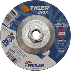 Weiler - 24 Grit, 5" Wheel Diam, 1/4" Wheel Thickness, Type 27 Depressed Center Wheel - Coarse Grade, Aluminum Oxide, Resinoid Bond, R Hardness, 12,200 Max RPM - USA Tool & Supply