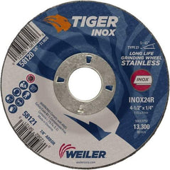 Weiler - 24 Grit, 4-1/2" Wheel Diam, 1/4" Wheel Thickness, 7/8" Arbor Hole, Type 27 Depressed Center Wheel - Coarse Grade, Aluminum Oxide, Resinoid Bond, R Hardness, 13,300 Max RPM - USA Tool & Supply