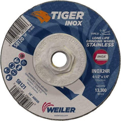 Weiler - 24 Grit, 4-1/2" Wheel Diam, 1/4" Wheel Thickness, Type 27 Depressed Center Wheel - Coarse Grade, Aluminum Oxide, Resinoid Bond, R Hardness, 13,300 Max RPM - USA Tool & Supply