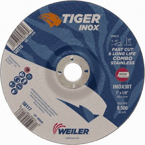 Weiler - 30 Grit, 7" Wheel Diam, 1/8" Wheel Thickness, 7/8" Arbor Hole, Type 27 Depressed Center Wheel - Medium Grade, Aluminum Oxide, Resinoid Bond, T Hardness, 8,500 Max RPM - USA Tool & Supply