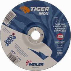 Weiler - 30 Grit, 7" Wheel Diam, 1/8" Wheel Thickness, 7/8" Arbor Hole, Type 27 Depressed Center Wheel - Medium Grade, Aluminum Oxide, Resinoid Bond, T Hardness, 8,500 Max RPM - USA Tool & Supply