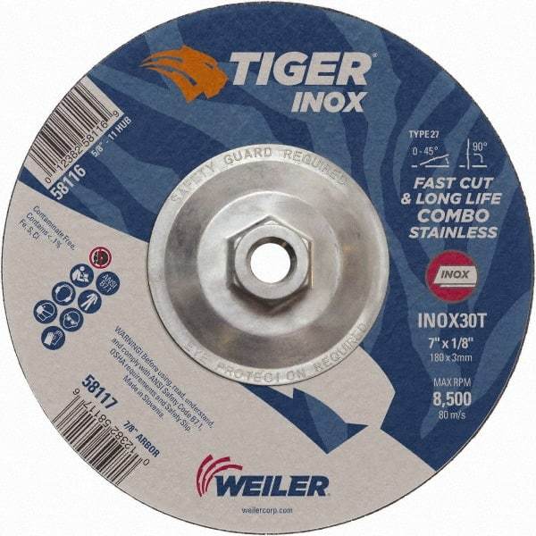 Weiler - 30 Grit, 7" Wheel Diam, 1/8" Wheel Thickness, Type 27 Depressed Center Wheel - Medium Grade, Aluminum Oxide, Resinoid Bond, T Hardness, 8,500 Max RPM - USA Tool & Supply