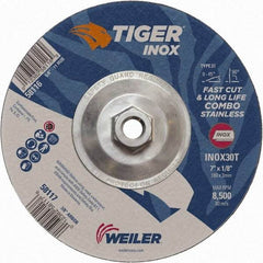 Weiler - 30 Grit, 7" Wheel Diam, 1/8" Wheel Thickness, Type 27 Depressed Center Wheel - Medium Grade, Aluminum Oxide, Resinoid Bond, T Hardness, 8,500 Max RPM - USA Tool & Supply