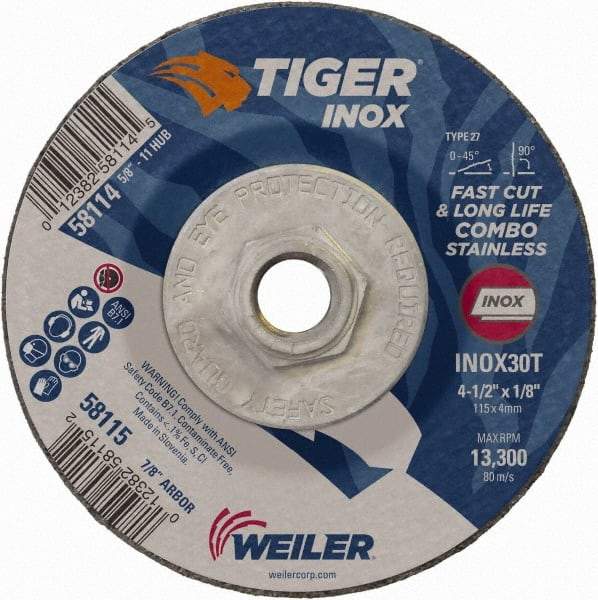 Weiler - 30 Grit, 4-1/2" Wheel Diam, 1/8" Wheel Thickness, Type 27 Depressed Center Wheel - Medium Grade, Aluminum Oxide, Resinoid Bond, T Hardness, 13,300 Max RPM - USA Tool & Supply