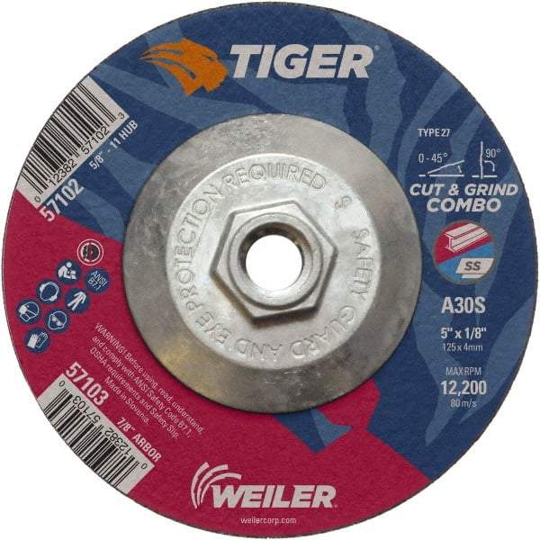 Weiler - 30 Grit, 5" Wheel Diam, 1/8" Wheel Thickness, Type 27 Depressed Center Wheel - Medium Grade, Aluminum Oxide, Resinoid Bond, S Hardness, 12,200 Max RPM - USA Tool & Supply
