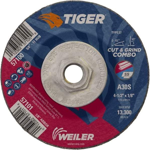 Weiler - 30 Grit, 4-1/2" Wheel Diam, 1/8" Wheel Thickness, Type 27 Depressed Center Wheel - Medium Grade, Aluminum Oxide, Resinoid Bond, S Hardness, 13,300 Max RPM - USA Tool & Supply