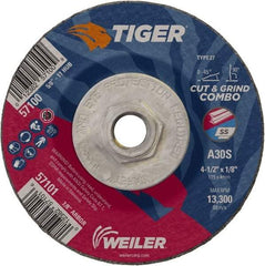 Weiler - 30 Grit, 4-1/2" Wheel Diam, 1/8" Wheel Thickness, Type 27 Depressed Center Wheel - Medium Grade, Aluminum Oxide, Resinoid Bond, S Hardness, 13,300 Max RPM - USA Tool & Supply