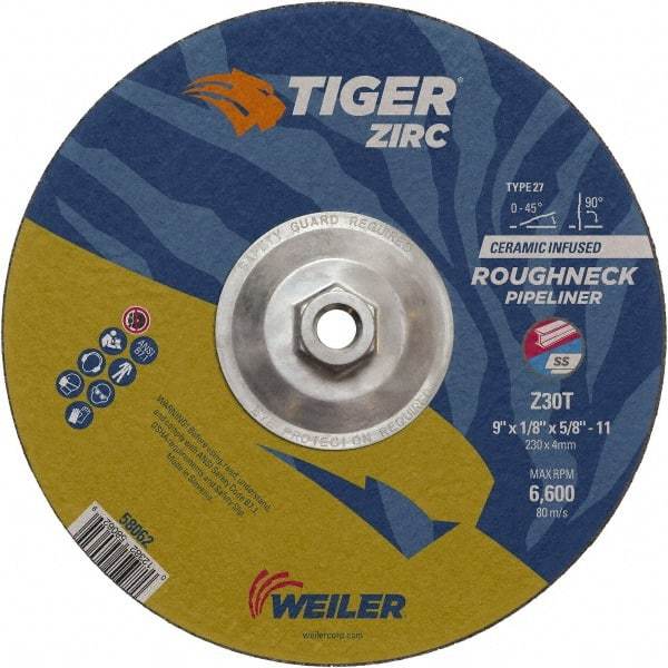 Weiler - 30 Grit, 9" Wheel Diam, 1/8" Wheel Thickness, Type 27 Depressed Center Wheel - Medium Grade, Zirconia Alumina, Resinoid Bond, T Hardness, 6,600 Max RPM - USA Tool & Supply