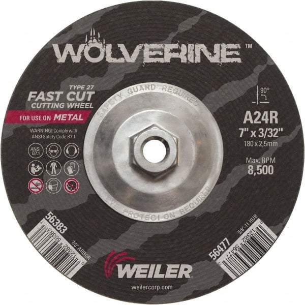 Weiler - 24 Grit, 7" Wheel Diam, 3/32" Wheel Thickness, Type 27 Depressed Center Wheel - Coarse Grade, Aluminum Oxide, Resinoid Bond, R Hardness, 8,500 Max RPM - USA Tool & Supply