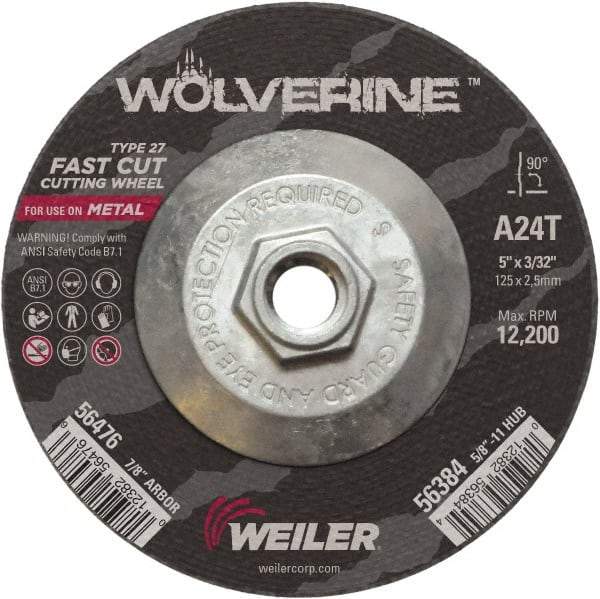 Weiler - 24 Grit, 5" Wheel Diam, 3/32" Wheel Thickness, Type 27 Depressed Center Wheel - Coarse Grade, Aluminum Oxide, Resinoid Bond, T Hardness, 12,200 Max RPM - USA Tool & Supply