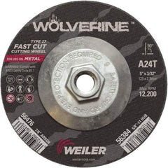 Weiler - 24 Grit, 5" Wheel Diam, 3/32" Wheel Thickness, Type 27 Depressed Center Wheel - Coarse Grade, Aluminum Oxide, Resinoid Bond, T Hardness, 12,200 Max RPM - USA Tool & Supply