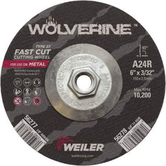 Weiler - 24 Grit, 6" Wheel Diam, 3/32" Wheel Thickness, Type 27 Depressed Center Wheel - Coarse Grade, Aluminum Oxide, Resinoid Bond, R Hardness, 10,200 Max RPM - USA Tool & Supply