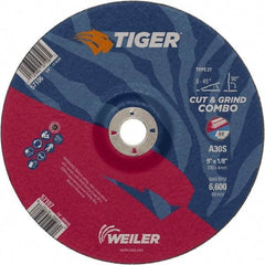 Weiler - 30 Grit, 9" Wheel Diam, 1/8" Wheel Thickness, 7/8" Arbor Hole, Type 27 Depressed Center Wheel - Medium Grade, Aluminum Oxide, Resinoid Bond, S Hardness, 6,600 Max RPM - USA Tool & Supply