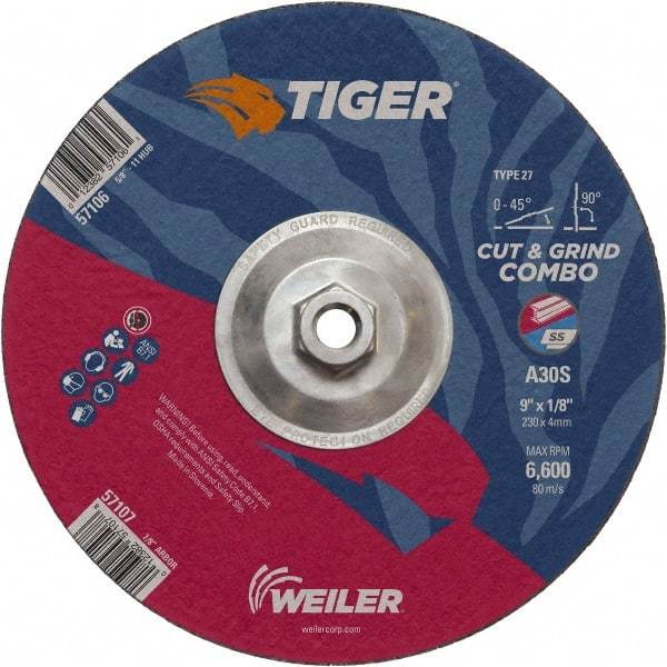 Weiler - 30 Grit, 9" Wheel Diam, 1/8" Wheel Thickness, Type 27 Depressed Center Wheel - Medium Grade, Aluminum Oxide, Resinoid Bond, S Hardness, 6,600 Max RPM - USA Tool & Supply