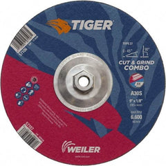 Weiler - 30 Grit, 9" Wheel Diam, 1/8" Wheel Thickness, Type 27 Depressed Center Wheel - Medium Grade, Aluminum Oxide, Resinoid Bond, S Hardness, 6,600 Max RPM - USA Tool & Supply