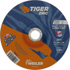 Weiler - 60 Grit, 7" Wheel Diam, 7/8" Arbor Hole, Type 27 Depressed Center Wheel - Medium Grade, Zirconia Alumina, Resinoid Bond, T Hardness, 8,500 Max RPM - USA Tool & Supply